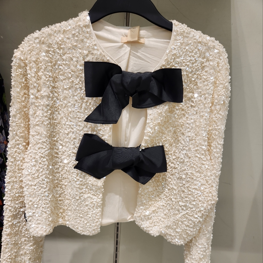 H&M Tie-front Sequined Jacket Off White/black bow sz S, M. BNWT - Picture 5 of 10